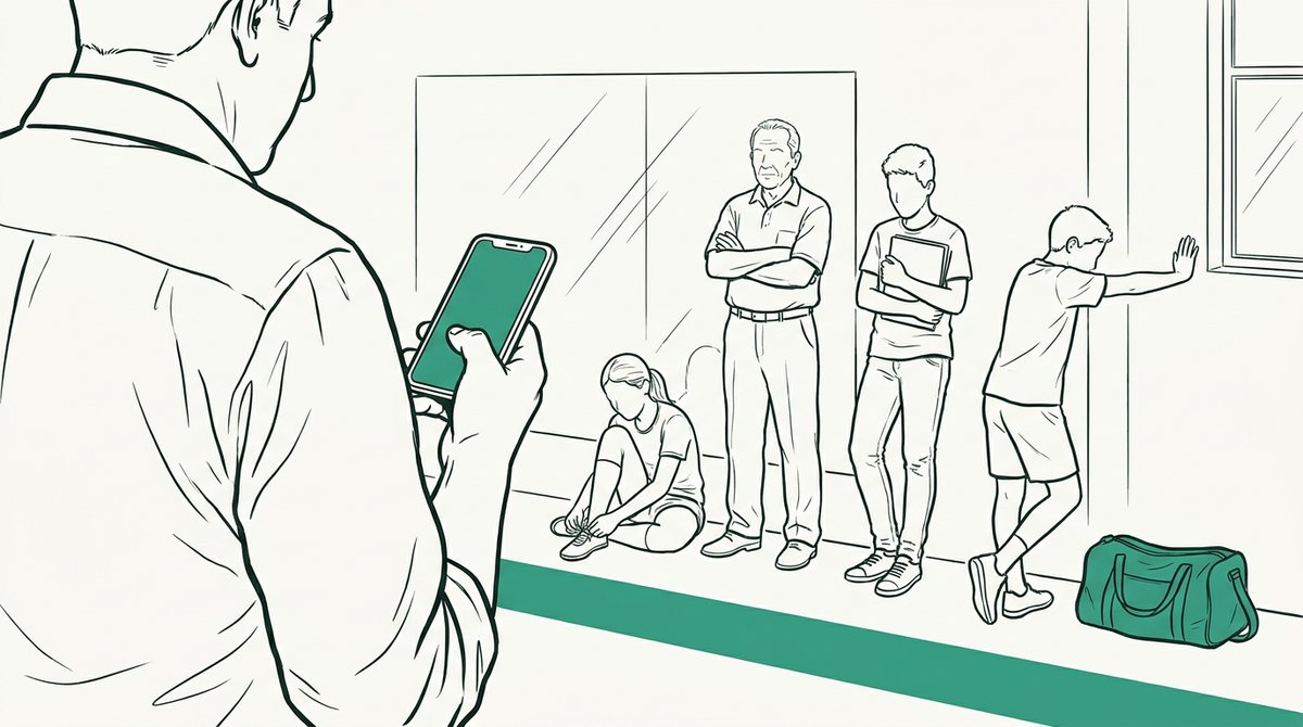 El dueño de una academia recorre el salón con el teléfono en la mano mientras sus alumnos esperan.
